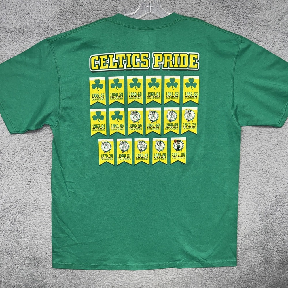 VTG Majestic Boston Celtics T Shirt Sz XL Green Celtics Pride Banners 2-Side Tee